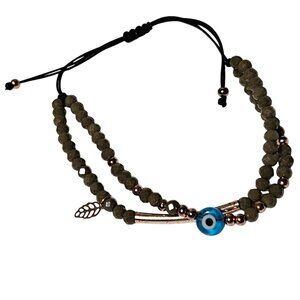 Handcrafted Blue Evil Eye Leaf Charm Olive Beaded Bracelet Protection Spiritual